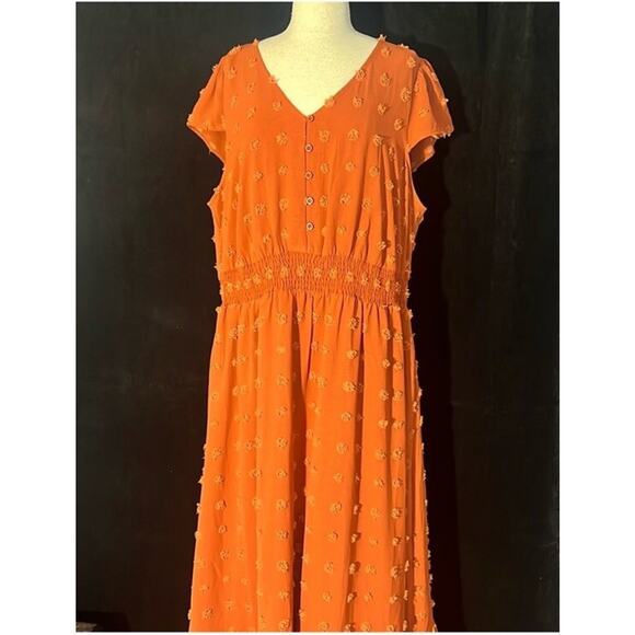 Daniel Rainn Ellen Swiss-Dot Maxi Dress, Burn Orange Pockets! XXL flounce sleeve - Picture 3 of 6